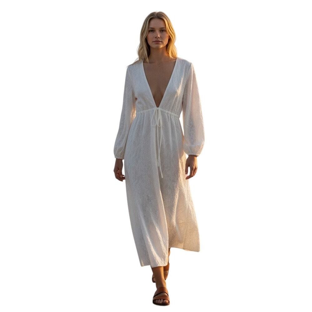 ASOS White Jacquard Tie Front Midi Dress 4 NWT Long Sleeve Lace Up Back Slit